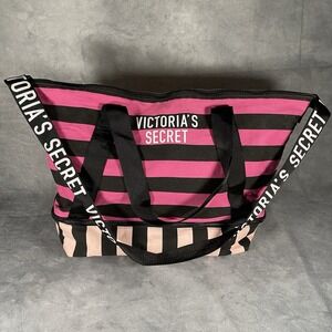 Victoria's Secret Iconic Black and Pink Striped Beach Tote Weekender Bag